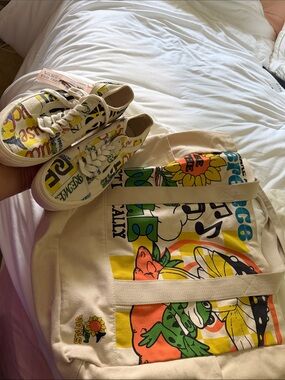 Vans Cream Canvas Sneakers and Matching Colorful Graphic Tote